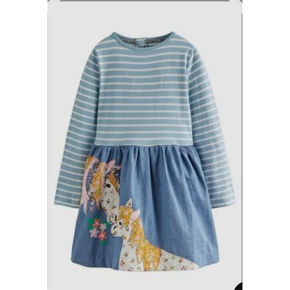 Mini Boden Girls Appliqué Long Sleeve Dress Chambray Blue Horses size 5/6 NWT